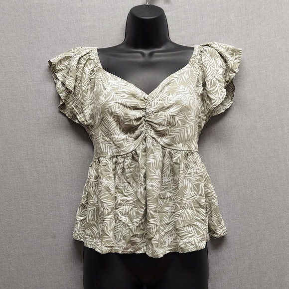 Japna Tops - Japna Babydoll Top Cottagecore Boho Floral Ruched Smocked Ruffle Sleeve Sage L